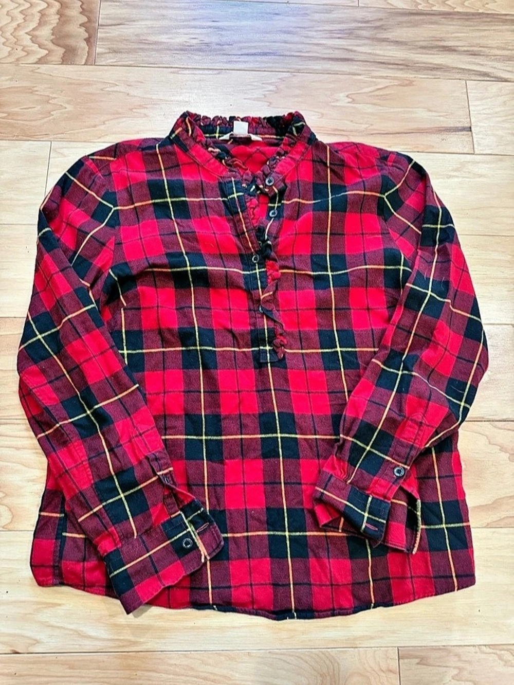 Brooks Brothers Red Fleece Womens 10 Red Plaid Ruffle Cotton Popover Blouse